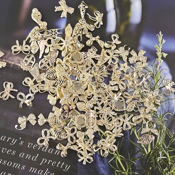 50ks Smíšené Stříbrné/Zlaté Bowknot Luxusní 3D Nail Kouzlo Slitina Kovová Náhodné Vzory Nail Art Kamínky, Šperky, Doplňky, Výzdoba