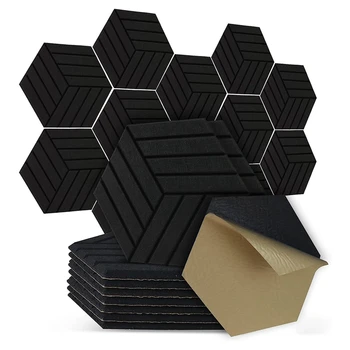 Balení 12 Ks Samolepící Hexagon Akustické Panely Zvuková Izolace Stěnových Panelů, Snížení Hluku, Ozvěny Černá