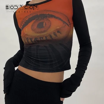 Bodycon Gothic Grunge Topy y2k Estetické Pruhovaný Dlouhý Rukáv Trička 2000s Graphic Tee Tmavé Oblečení E Dívky Harajuku Streetwear