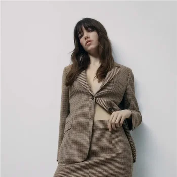 Britský Styl Houndstooth Sako 2021 Ženy, Vintage Jednobarevné Jediné Breasted Neformální Úřadu Oblek Sako Práce Formální Oblečení