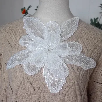 Bílá multi-vrstva flitr korálkové trojrozměrné květinové dekorace DIY oblečení Svetr kabát příslušenství