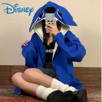 Disney Stitch Kreslené Módní Bundy Zip-Up Mikina Bavlna Y2k Plyšové Tlusté Podzim Zimní S Kapucí Mikiny S Kapucí Kabát Oblečení