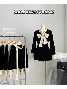 Dámské Gothic Černé Sametové Košile a Halenky 90. let Y2k Vintage Streetwear Harajuku Elegantní Dlouhý Rukáv Krajkové Tričko 2000s Oblečení