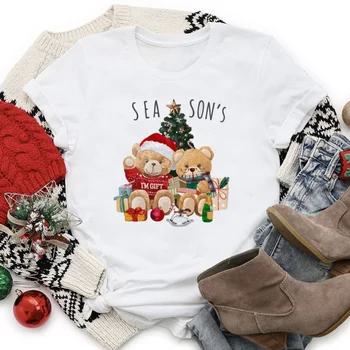 Dámské Tričko Vzor Trend Dámské Vánoční Roztomilý Medvěd Módní Krátký Rukáv T-Shirt Top Ležérní Oblečení Letní Tisk T-Shirt.