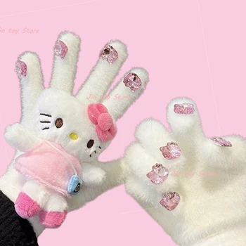 Kawaii Hello Kitty Drahokamu Plyšové Rukavice Sanrio Kitty Cat Zimní Teplý Nadýchané Rukavice Žena Móda Na Koni Five Finger Rukavice