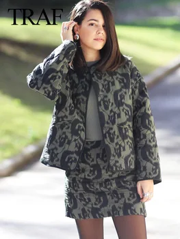 KONGESCÍ 2023 Ženy Módní Obleky Prošívaná Zelená Tištěné Volné Svetr Kabáty+ Elegantní Teple Streetwear Žena Slim Mini Sukně