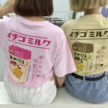 Korejské roztomilý kreslený tisk volné krátký rukáv T-shirt růžové studentské tričko