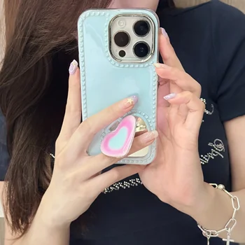 Korejský Růžové Srdce Flip Kosmetické Zrcadlo Modré Módní Telefon Pouzdro pro iPhone 14 13 Pro Max 12 11 Pro TPU Nárazuvzdorný Zadní Kryt Capa