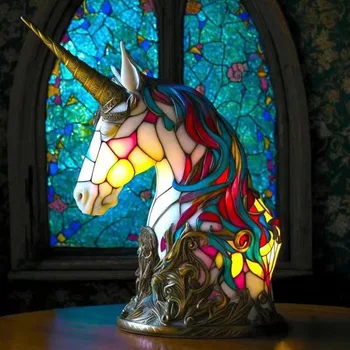 Kreativní Zvířat Stolní Světlo Luxusní Retro Pryskyřice, Barevné Sklo, Sova, Kůň, Jednorožec Stolní Lampa Noční Světlo pro Domácí Ložnice Dekor