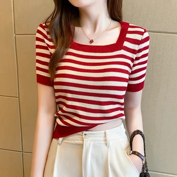Letní Žen harajuku Pruhované Tričko s krátkým Rukávem Náměstí límec T-Košile Korean Ležérní Tenké pletené T Shirt Femme Krátké Topy