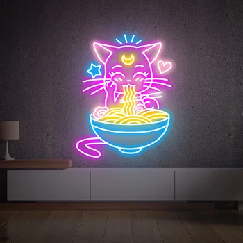 Lucky Cat Ramen Anime Neon Podepsat Japonské Nudle Neon Light Stěnu Vlastní Restauraci Neony Kuchyně Dekorace Led Světlo