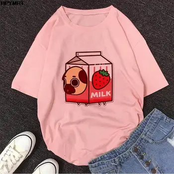Léto, Japonsko, Jahodové mléko Grafický Tisk T-shirt Ženy Harajuku Estetické Růžový Top Tričko Módní Krátký Rukáv Ženy T Košile