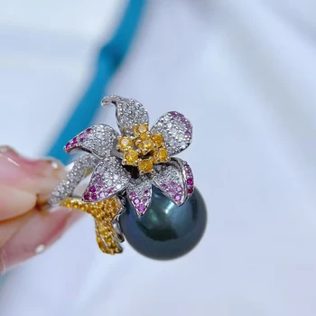 MeiBaPJ 12mm Velký Přírodní Kulatá Perla Módní Květinové Prsten Real 925 Stříbro Prázdný Držák Jemné Svatební Šperky Pro Ženy