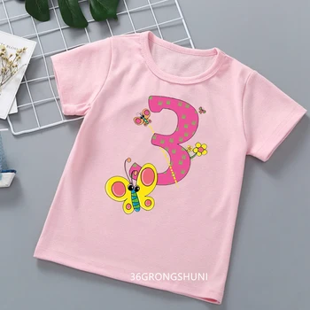 Narozeninové tričko 2 -9let dívky motýl květiny T-Shirt roztomilé dívky t-košile, letní dětské oblečení tričko růžové s krátkým rukávem