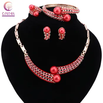 Nigerijský Imitace Perla Barva Zlata Šperky Sady Pro Ženy Elegantní Svatební Náhrdelník Náušnice Náramky Prsteny, Doplňky, Dárky