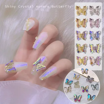 Nová Aurora Double Butterfly Tří-dimenzionální kovový Nail Art 3D Crystal Led Zirkony na Zdobení Nehtů Příslušenství, DIY Šperky