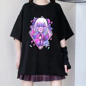 Nové Japonské Kawaii Sladká Dívka Tištěné Ženy T-košile Harajuku Streetwear Casual Loose O-neck Krátký rukáv Topy Trička Unisex