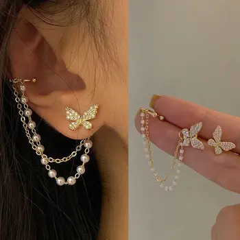 Nový korejský Motýl Náušnice pro Ženy Pearl Střapec Crystal Houpat Náušnice Osobnost Strany Earbone Klip Náušnice Příslušenství