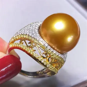 Nádherné velké AAAA 13-12mm kulatý přírodní jihočínském Moři zlatý perlový prsten nastavitelný