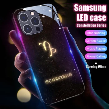 Obrazec souhvězdí LED Světlo Zářící Světelný Tvrzeného Skla Telefon Pouzdro pro Samsung S24 S22 S23 Poznámka 10 20 A14 A54 Plus Ultra