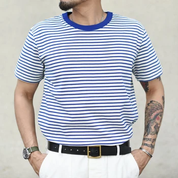 Omáčka Zhan Breton Top Stripe T Shirt pro Muže Těžké Bavlny O-KRK vintage Letní Krátký Rukáv Breton Triko 330 G
