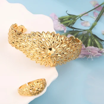 Otevřete Měď Zlato Náramek Prsten pro Ženy Petal Design Duté Manžety Náramek arabské Dubaji Svatební Šperky Matka Den Dárek