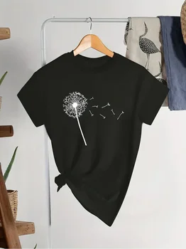 Pampeliška Tisku Posádky Krku T-Shirt, Ležérní Top s Krátkým Rukávem Pro Jaro A Léto, Dámské Oblečení