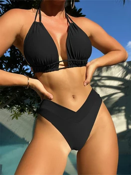 Plus Velikost Beach Bikini Černé Sexy Halter Bikini, Push Up Plavky, 2 Ks Sad Bikiny 2023 Letní Žen Plavky Plavky