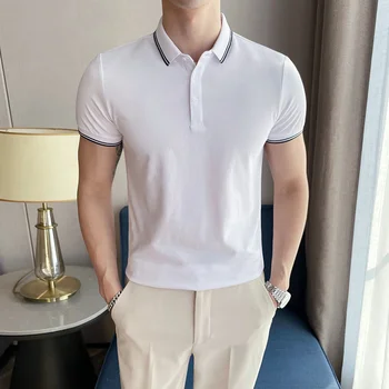 Pánské Pletené Polo Košile 2022 Letní Nové Sexy Britský Styl Street Slim Krátký rukáv T-košile jednobarevné Ležérní Pánské Oblečení