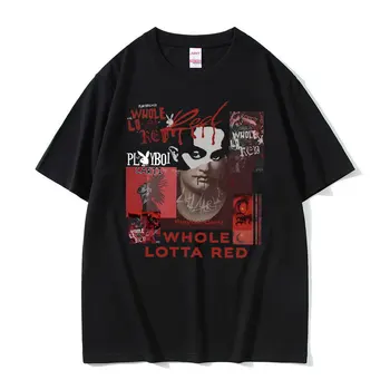 Rapper Playboi Carti Whole Lotta Red Album Graphic Print Tshirt Muži Ženy Hip Hop Nadrozměrné T-košile Mužské Čistě Bavlněné T Košile