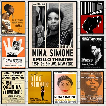 Ročník Jazzová Zpěvačka Nina Simone Hudební Plakát Kapely Koncert Wall Art Obrazy Malířské Plátno Místnost, Domácí Bar Cafe Club Dekor