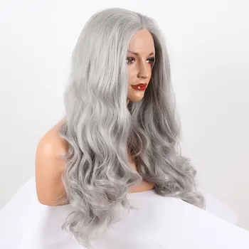 Sexbomba Platinum Grey Hluboké Vlna Syntetické 13X4 Krajky Přední Paruky Glueless Vysoce Kvalitní Tepelně Odolné Vlákno Vlasů Pro Bílé Ženy