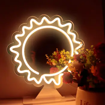 Slunce Zrcadlo Neonové Cedule pro Výzdobu stěn, Stmívatelné LED Sun Tvaru Akrylové Zrcadlo Neon Podepsat S podstavcem a Přepínání Tlumených světel, USB napájení