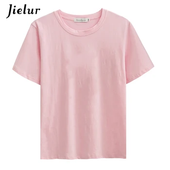 T-shirt Ženy Plná Barva Harajuku Jednoduché Bavlněné Tričko Ženy Letní Krátký Rukáv Základní Tričko O-neck Růžová Fialová Topy