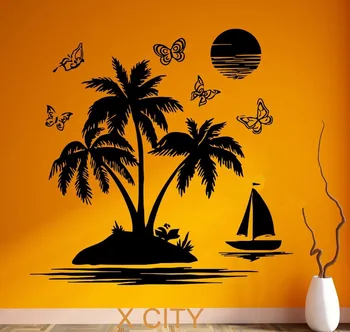 Tropické Scenérie Palm Beach Island Black Wall Art Obtisk Nálepka Vyměnitelné Vinyl Převod Šablony Nástěnné Home Room Decor