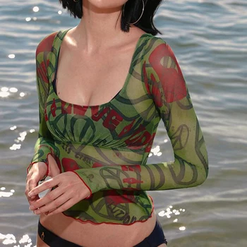 Vidět Přes Mesh Elastické Topy Ženy Letní Beach Sexy T-shirt Dlouhý Rukáv Plodin Topy Náměstí Límec Hubená Tee Dovolenou Oblečení