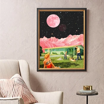 Vintage Surrealismus Umělecký Obraz Pink Moon Příroda Psychedelický Plakát Wall Art Plátno Tisků Rodinné Foto Domova