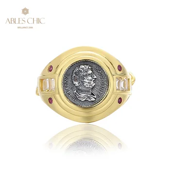 Řecké Hadrian Stříbrné Mince Zlato 18K Dva Tón Pevné 925 Stříbrné Římské Mince Připoutaný Vintage Prsten R1015
