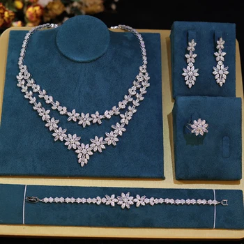 ZY JEDINEČNÉ Luxusní 2-vrstva Náhrdelník Složený z Květů Dubaj Nevěsty Nigerijský Těžký CZ Svatební Šperky Sady 4ks